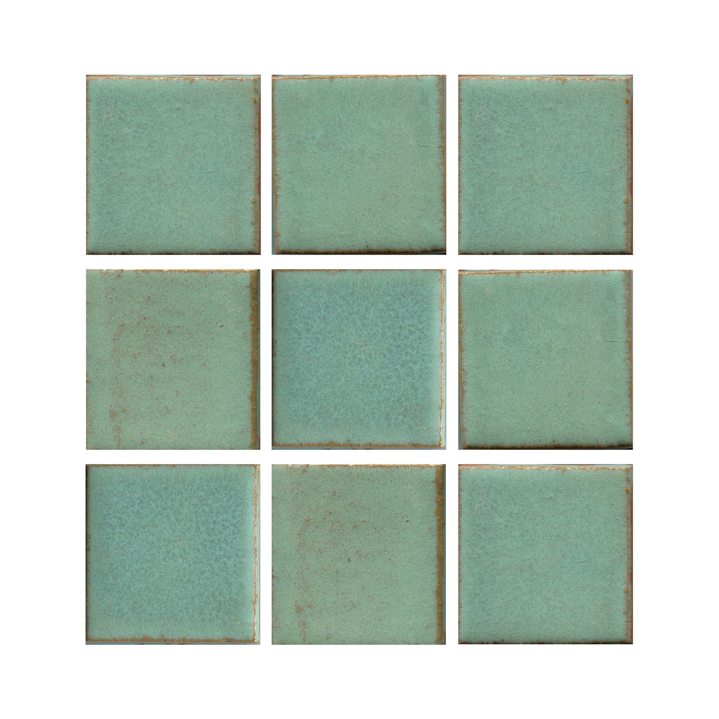 Copper patina 3x3 matte finish, transitioning in color from light green to turquoise.